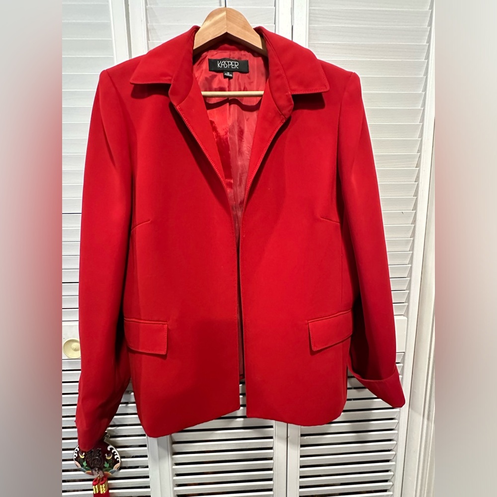 Solid Red One Button Jacket Pants Suit By Kasper … - image 3